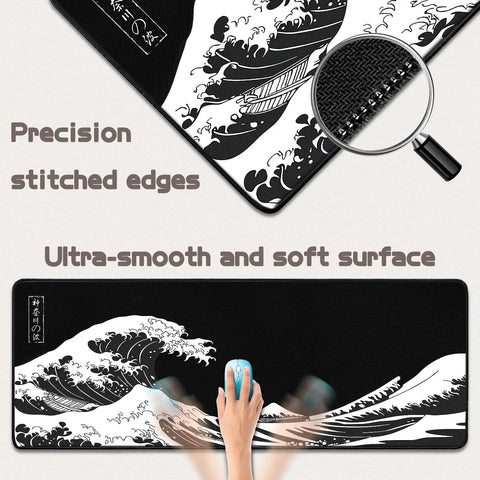 Gaming Mouse Pad Desk Mat For Keyboard And Mouse Large Kanagawa Wave Design With Non Slip Rubber Base Ultra Smooth Fabric Surface