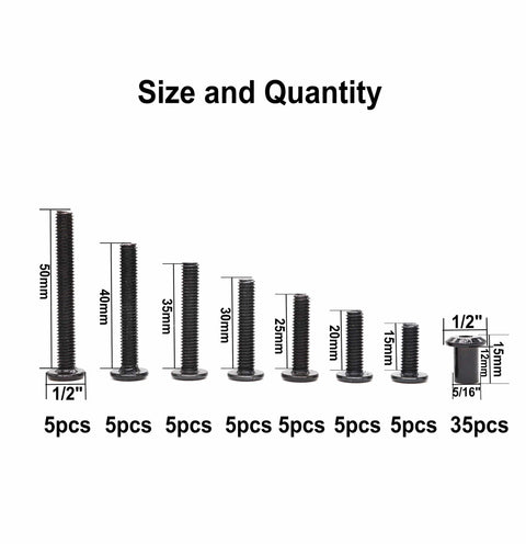 Go-To Black M6 Hex Drive Socket Cap Bolts Kit 35-Piece with sizes from 15mm to 50mm shown in quantity chart