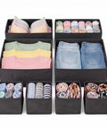 8 Pack Fabric Drawer Organizer Bins with Versatile Multi Size Storage Cubes for Clothing and Gear to Declutter Your Dresser Effortlessly, featuring folded shirts and accessories.