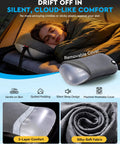 Woman sleeping on ultralight inflatable travel neck pillow with removable cover for neck and lumbar support, grey