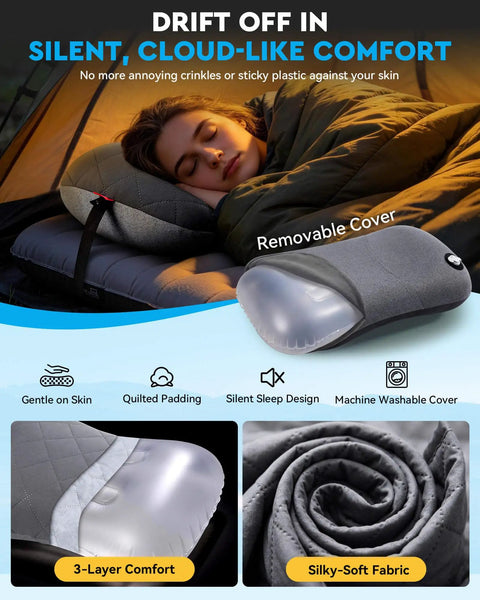 Woman sleeping on ultralight inflatable travel neck pillow with removable cover for neck and lumbar support, grey