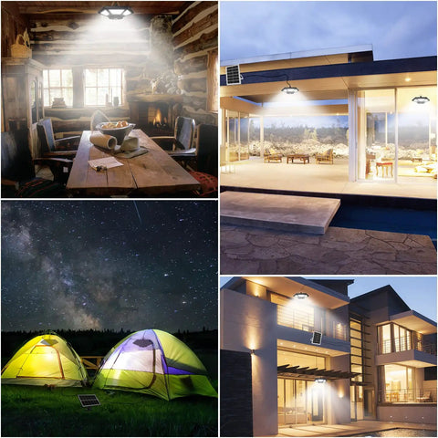 180 LED Dual Head Solar Shed Light Indoor Outdoor With Motion Sensor illuminating various settings at night