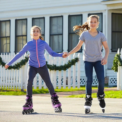 Teens wearing Adjustable Inline Skates For Teens And Adults With Light Up Wheels No Batteries Needed Easy Grow Fit outdoors
