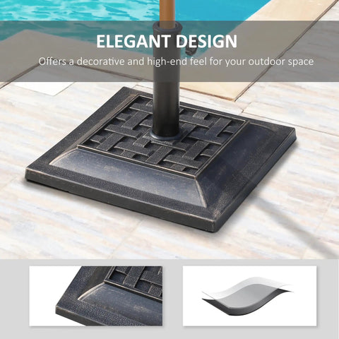 Heavy Duty Resin Umbrella Base Stand For Patio Market Parasols, Square Bronze Finish With Decorative Pattern next to pool