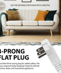 3-prong flat plug of 8-Outlet Surge Protector Power Strip With 4200 Joules, USB-C And USB-A Ports, white design next to sofa.