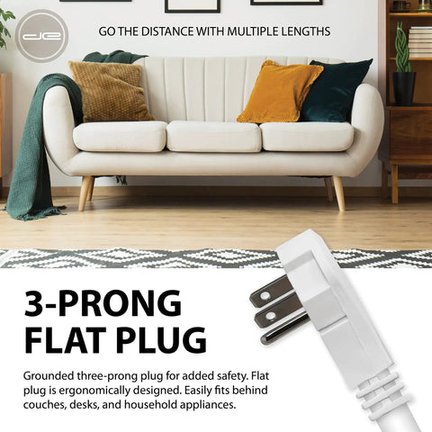 Flat Plug Eight Outlet Surge Protector Power Strip With USB C And USB A Ports, shown beside a modern sofa and 3-prong flat plug.