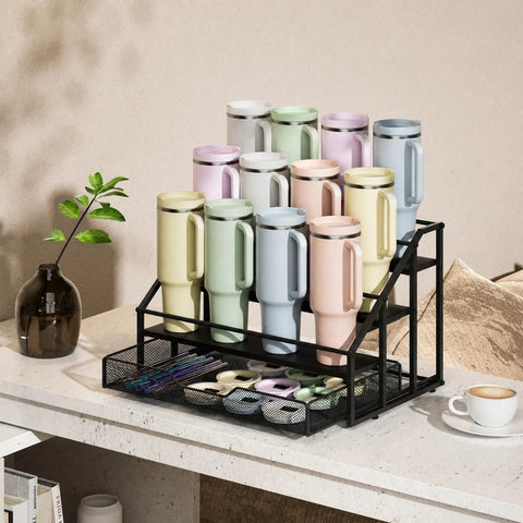 4-Tier Cup Holder Rack For Stanley 40 Oz Tumblers And Water Bottles on a black kitchen counter with pull out drawer