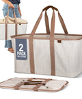 Collapsible Laundry Tote Two Pack 50L Foldable Carry All For Laundry Car Trunk RV Dorm And Home Organization Luxe Cotton Blend With Vegan Leather Accents Cream shown open and folded