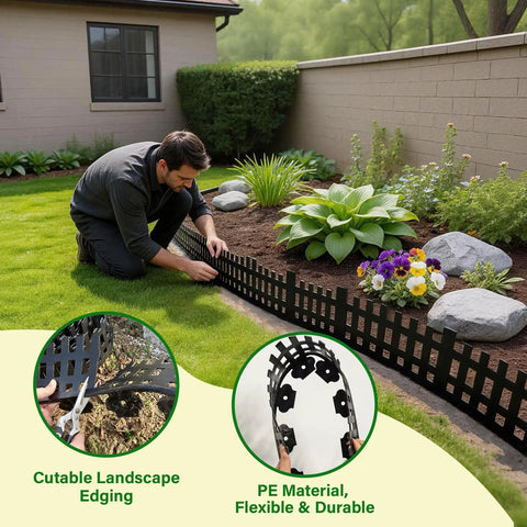 Man installing No Dig Landscape Edging Kit 50 Feet Flexible Plastic Lawn Border With 80 Spikes in the garden.