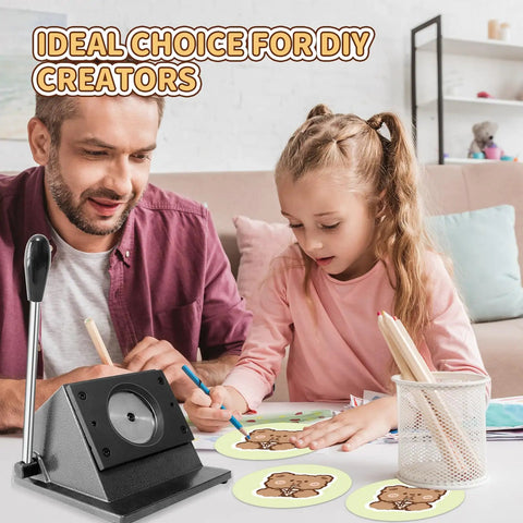 Father and daughter using a 2.75 Inch Circle Cutter for Badge Making, creating DIY button badges with a 70mm die cut machine at home.