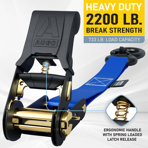 Beefed Up Heavy Duty Ratchet Straps 4 Pack 15 Ft Each 2200 Lb Break Strength with safety lock S hooks in blue and black