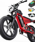Adult Fat Tire Electric Bike With Fast Speed, NFC Password Unlock And Big Color LCD Screen For Street Riding And Off Road Adventure All Day. Red fat tire e-bike with accessories shown.