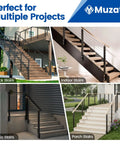 Heavy Duty Side Mount Modular Cable Railing Kit For Stairs Measures 12 To 16 Feet With 36 Inch Rise displayed on deck, indoor, patio, and porch stairs.