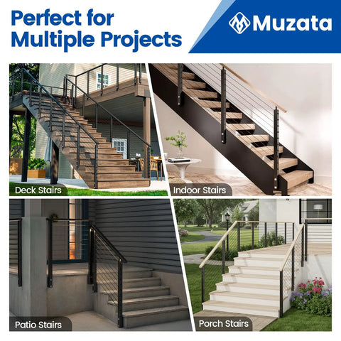 Heavy Duty Side Mount Modular Cable Railing Kit For Stairs Measures 12 To 16 Feet With 36 Inch Rise displayed on deck, indoor, patio, and porch stairs.