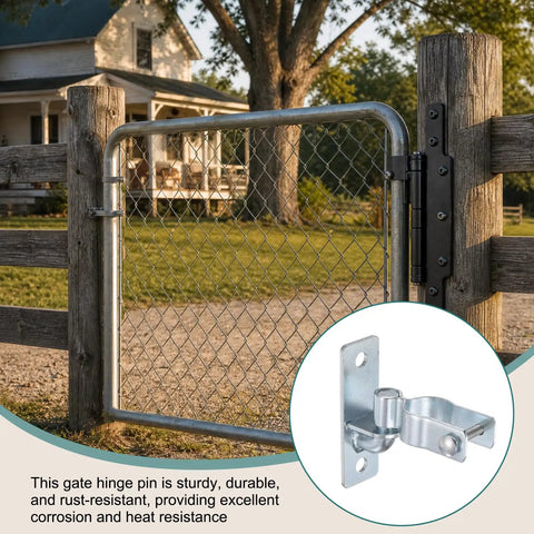 Wall Mount Gate Hinge Set For Chain Link Fences, 4 Hinges With 8 Wood Bolts, Fits 1-3/8 Inch Pipe, shown on wooden post gate