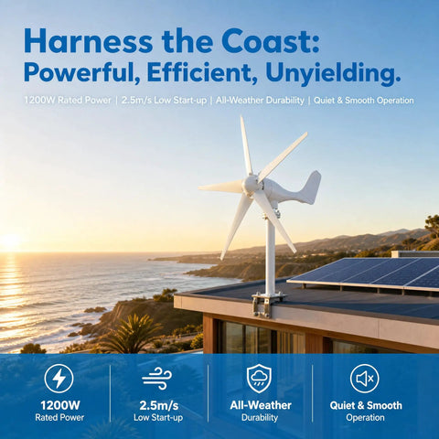 Beefy 1200W Wind Generator With 5 Blade Low Start Up Speed 2.5 m/s Weather Resistant Wind Turbine on coastal rooftop