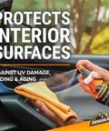 Spraying protectant from All In One Car Cleaning Kit With Wash And Wax Glass Wipes Tire Foam And Protectant on car interior.