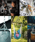 Collage of Two Pack M8 5 16 Inch Heavy Duty Stainless Steel Quick Link Carabiners in various outdoor and exercise setups.