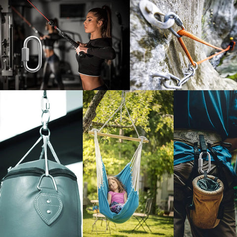 Collage of Two Pack M8 5 16 Inch Heavy Duty Stainless Steel Quick Link Carabiners in various outdoor and exercise setups.