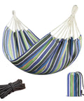 Single Person Brazilian Hammock With Carry Bag And Strong Ropes, Ultra Comfortable Cotton Polyester Fabric, 78.8 X 39.4 Inches, 300 Lbs Weight Capacity, Portable For Patio Outdoor Indoor Use, Stylish Blue And Green Stripes