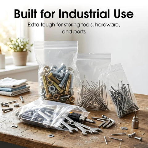 4 X 6 Reclosable Plastic Zip Bags Heavy Duty 6 Mil 100 Count For Parts And Tools pro grade clear LDPE bags on table with hardware