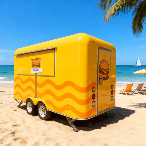 Mobile Food Truck And Snack Cart For Sale Featuring Custom Commercial Trailer Built For Coffee Stands And Burger Joints Heavy Duty Street Vendor Rig Ready To Hustle with yellow exterior on a beach.