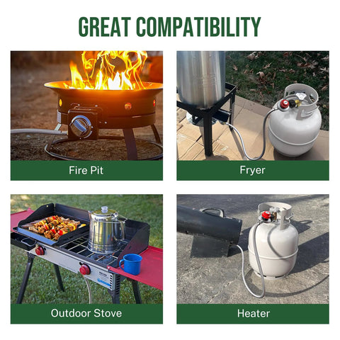 Propane regulator with 4 ft braided hose attached to fire pit
Propane regulator with 4 ft braided hose connected to propane cylinder and fryer
Propane regulator with 4 ft braided hose feeding outdoor stove
Propane regulator with 4 ft braided hose connected to portable heater and cylinder