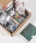 Open box showing Massive 1900 Piece Electronics Component Kit for DIY Projects Featuring LEDs Resistors Capacitors Transistors DC Jacks PCBs