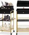 Large Makeup Organizer Cart With Hair Tool Holder Rolling Vanity Cart On Wheels With Drawer 2 In 1 Modular System Cosmetic Display Case For Skin Care Perfume Nail Polish And Tools Gold And Black