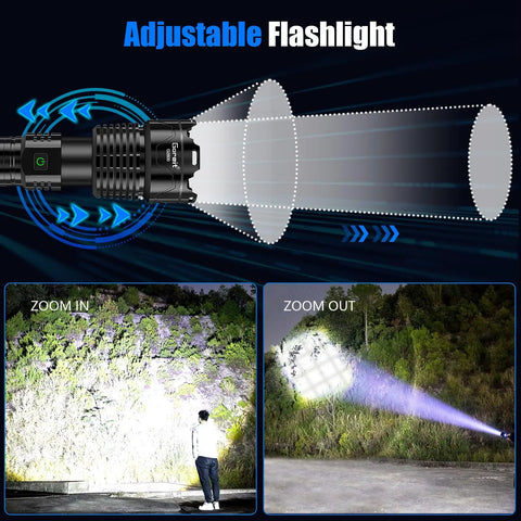 Beast Bright 980,000 Lumen Rechargeable LED Flashlight XHP1602 showing zoom in and zoom out light modes