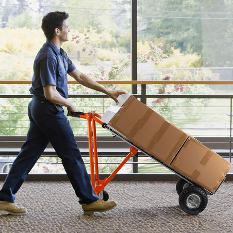 Person using 3 In 1 Convertible Hand Truck Aluminum Utility Dolly Cart with 880 lb capacity transporting boxes indoors