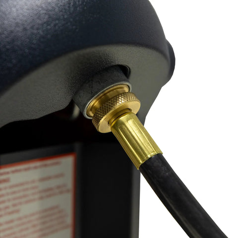 Close-up of Buddy Series 10 Foot Propane Hose Assembly for Portable Heaters with POL connection to tank, durable replacement part