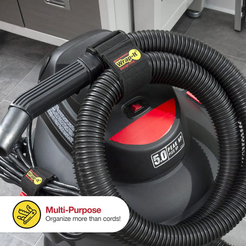 Assorted Twelve Pack Elastic Cinch Straps For Cords, Hoses, Ropes And Cables securing vacuum hose neatly on appliance.