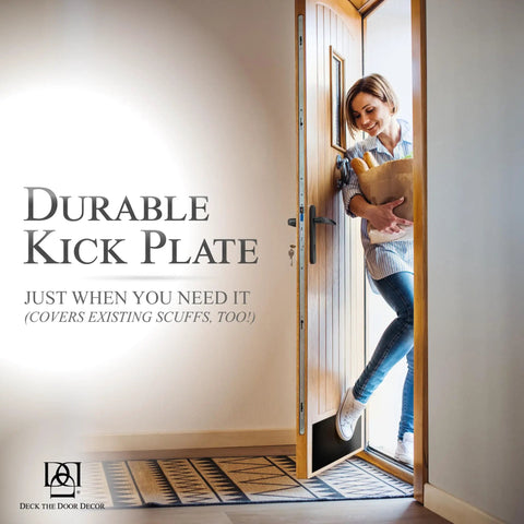 Woman entering home with Satin Black Door Kick Plate Anodized Aluminum Shield for Entry Doors 8x34 Inches Durable Protection.