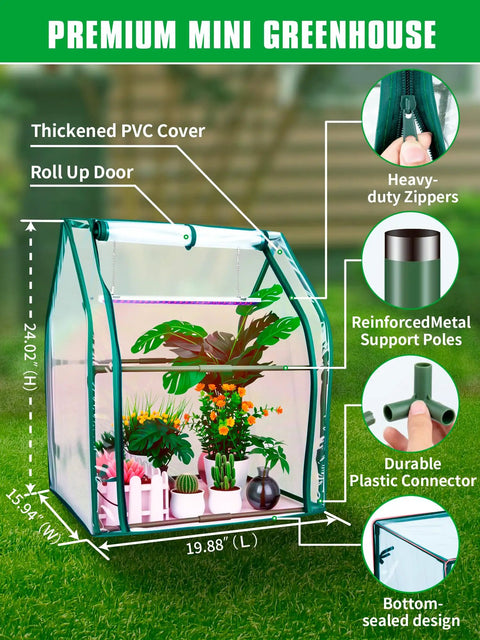 Compact Indoor Mini Greenhouse With 15W Full Spectrum Grow Light, Timer, And Zippered Door For Easy Watering, Ideal Seed Starter Tray And Indoor Outdoor Plants, 24x16x20 Inches, Adjustable Light Height