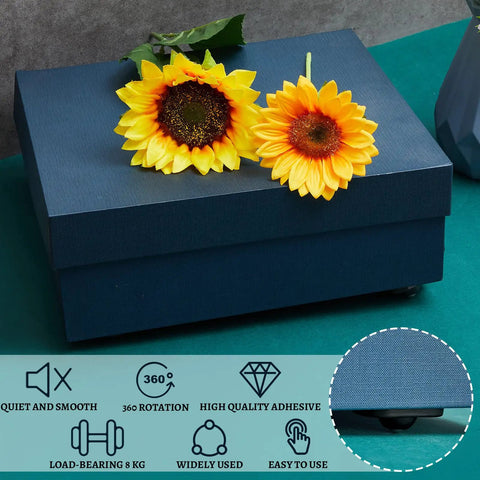 Self Adhesive Caster Wheels Black Stainless Steel Rolling Casters Furniture Movers on a decorative box with sunflowers.