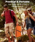 Hikers carrying an Ultimate Camping Cooking Utensil Set 33 Pcs Portable Cookware for Grilling and Camp Kitchen on a forest trail