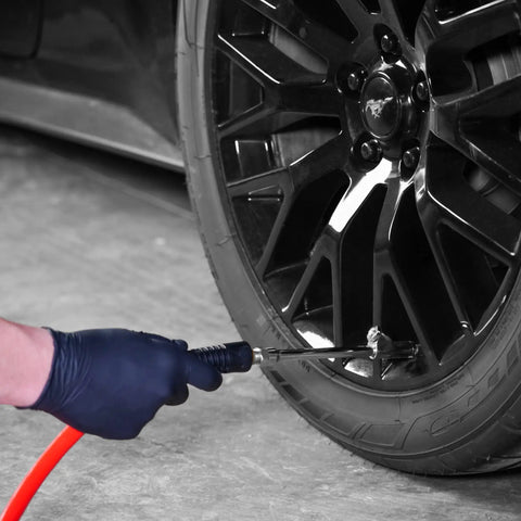 Inflating car tire with 50 Foot 3 By 8 Inch Air Compressor Hose 300 PSI Heavy Duty Lightweight PVC Flex For Quick Blow Off And Tire Inflation
