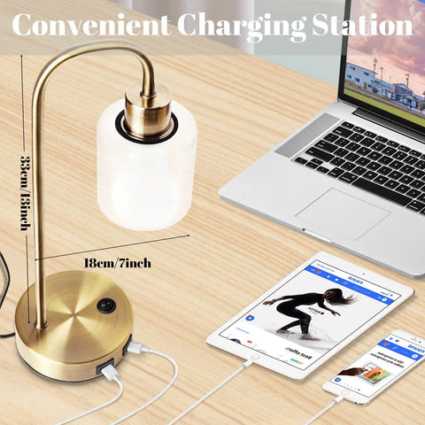 Lit Industrial Brass Table Lamps Set Of 2 With USB Ports For Nightstand And Living Room shown on desk with devices charging