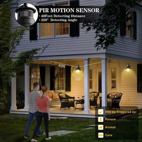 Motion Sensor Outdoor Light With Dusk To Dawn Sensor And PIR Motion Trigger, illuminating porch with detection range info
