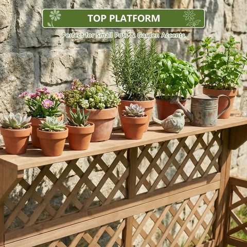 Wooden two tier raised garden bed with trellis and lattice back for climbing plants, displaying small potted plants on top platform.