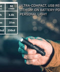 Go To Pocket Light USB Rechargeable LED Flashlight With 250 Lumens held in hand showing beam in dim setting