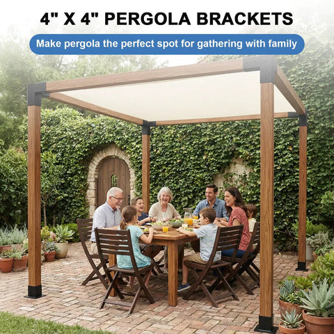 Family dining under Heavy Duty Pergola Kit With 3 Way Corner Brackets Gazebo Hardware Set For Patio Backyard Outdoor Use.