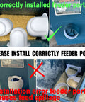 Automatic Chicken Feeder And Cup Waterer Set For Backyard Flocks No Waste Poultry Design shows correctly and incorrectly installed feeder ports.