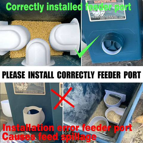 Automatic Chicken Feeder And Cup Waterer Set For Backyard Flocks No Waste Poultry Design shows correctly and incorrectly installed feeder ports.