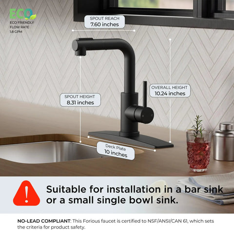 Top Shelf Compact Kitchen Faucet With Pull Down Sprayer And Rock Solid Stainless Steel Build Matte Black Finish, 10.24 in height.