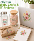 Premium Clear Printable Sticker Paper 30 Sheets 8.5x11 used for floral labels on jars, gifts, and notebooks in a crafting setup.