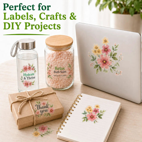 Premium Clear Printable Sticker Paper 30 Sheets 8.5x11 used for floral labels on jars, gifts, and notebooks in a crafting setup.
