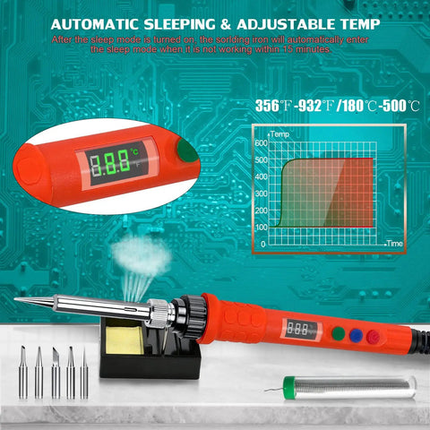 120W Digital Soldering Iron For DIYers With LED Display, Quick Heat Ceramic Heater From 356F To 932F, Auto Sleep And Temp Calibration