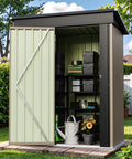 5x3 Ft Outdoor Storage Shed with Sloped Roof and Lockable Door, Heavy Duty Metal Construction, in Backyard Garden with Tools Inside